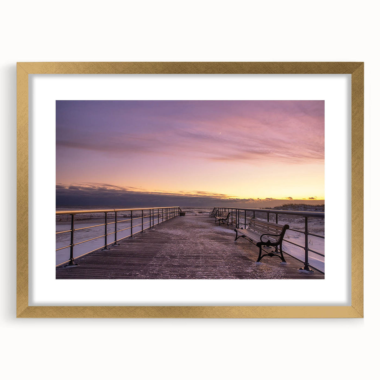 Extra large abstract art print depicting a textured scene of Long Island, USA, in muted earth tones, framed in gold.