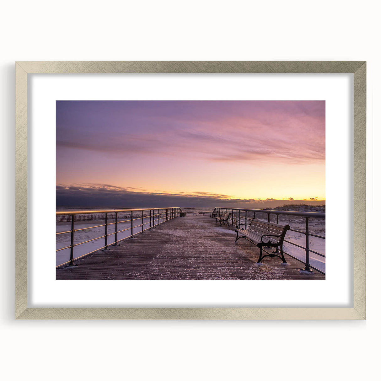 Textured abstract art print of Long Island scenery in muted earth tones, framed in silver, suitable for bedroom decor.