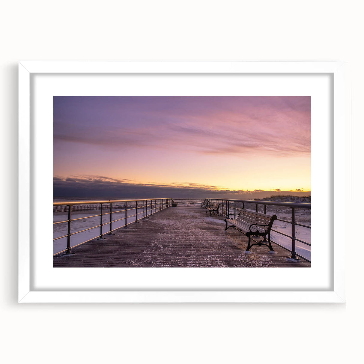 Abstract art print of Long Island scenery in muted blue and gray tones on a white framed mat, ideal for dining room decor.