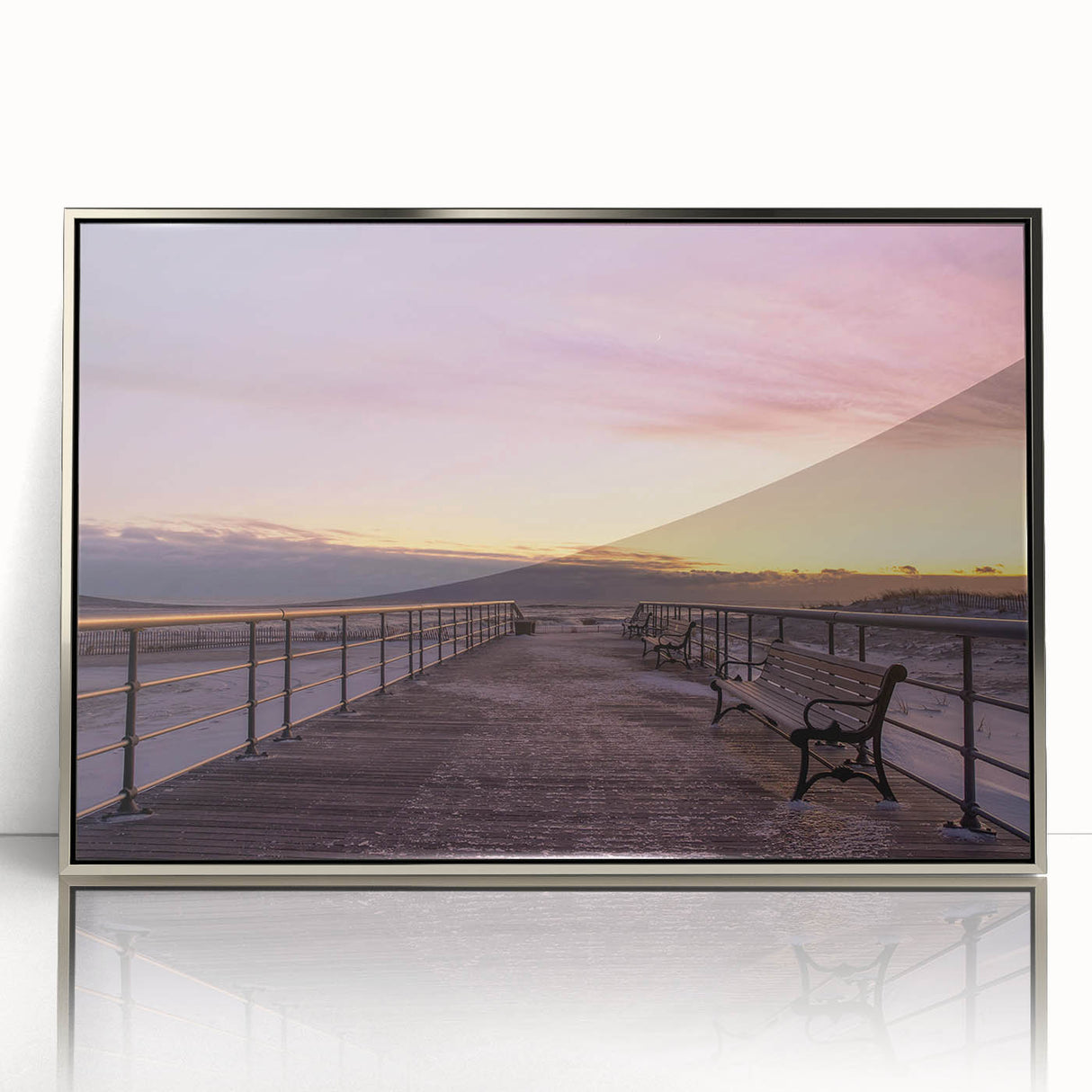 Mid-century modernist art depicting Long Island scenery, in a silver-framed acrylic print, ideal for nursery wall art.