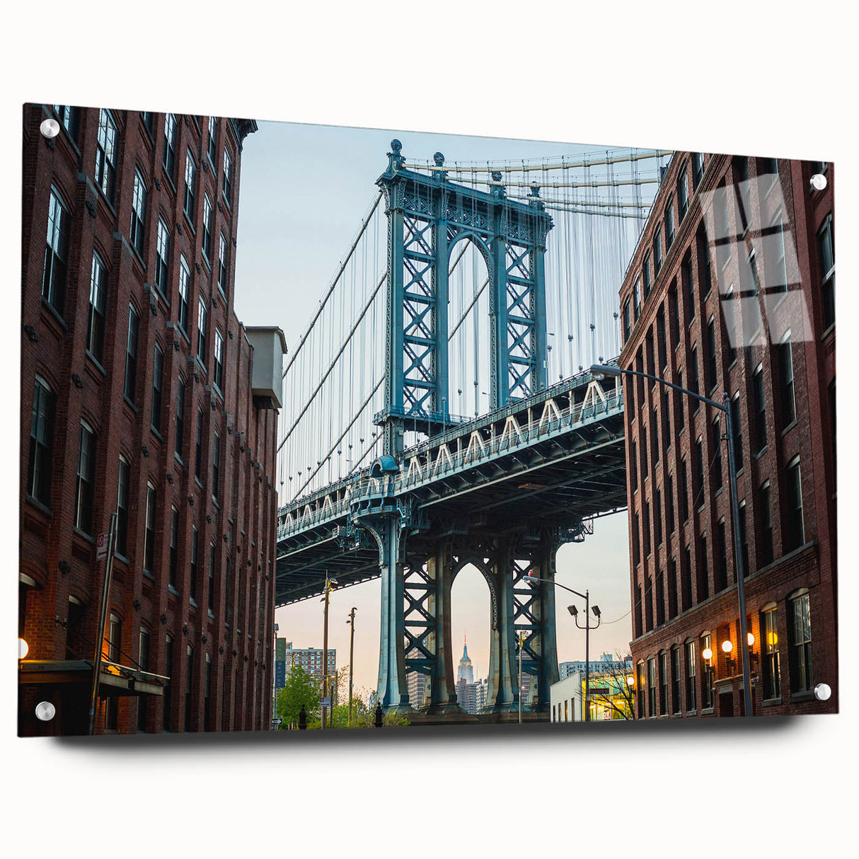 Acrylic print of the Brooklyn Bridge in muted gray tones, ideal for modern dining room decor.