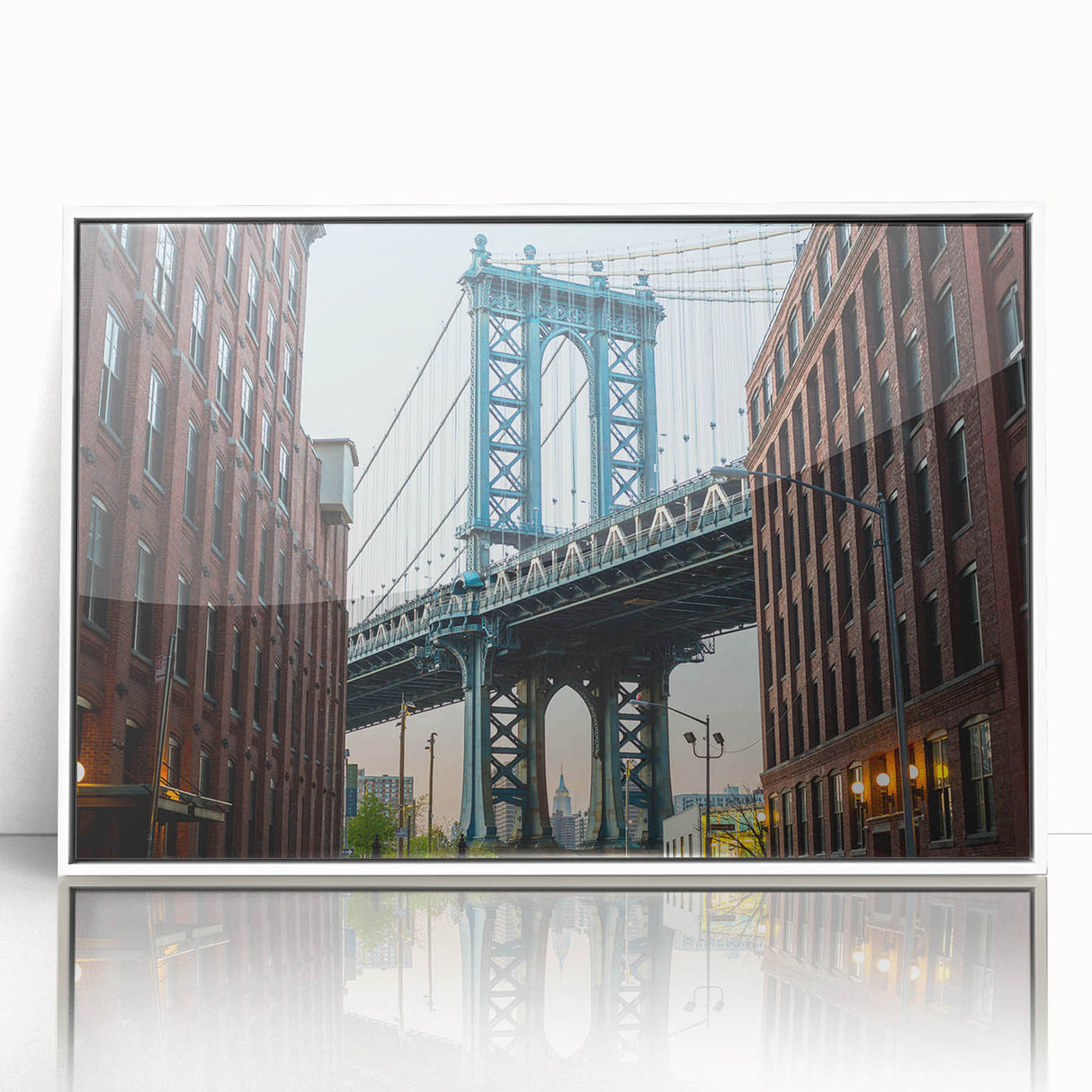 Art deco poster of the Brooklyn Bridge in grayscale tones on a framed acrylic, suitable for modern art wall decor.