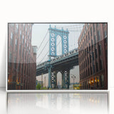 Art deco poster of the Brooklyn Bridge in grayscale tones on a framed acrylic, suitable for modern art wall decor.