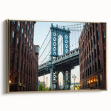 Framed canvas of the Brooklyn Bridge with a vintage poster art style in black and gold, ideal for bedroom wall art.