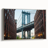 Landscape art painting of the Brooklyn Bridge in muted black and silver tones on a framed canvas, suitable for office decor.