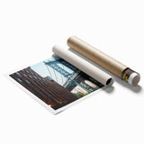 Extra large rolled canvas print of the Brooklyn Bridge in grayscale, ideal for classy bathroom wall art.