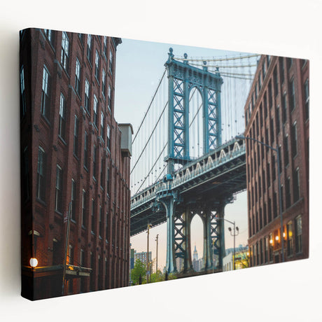 Side view of Brooklyn Bridge on stretched canvas, depicted in monochrome tones, suitable for kitchen wall art.