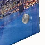 Large abstract depiction of Manhattan skyline in muted gray and blue tones on acrylic glass, suitable for dining room art.