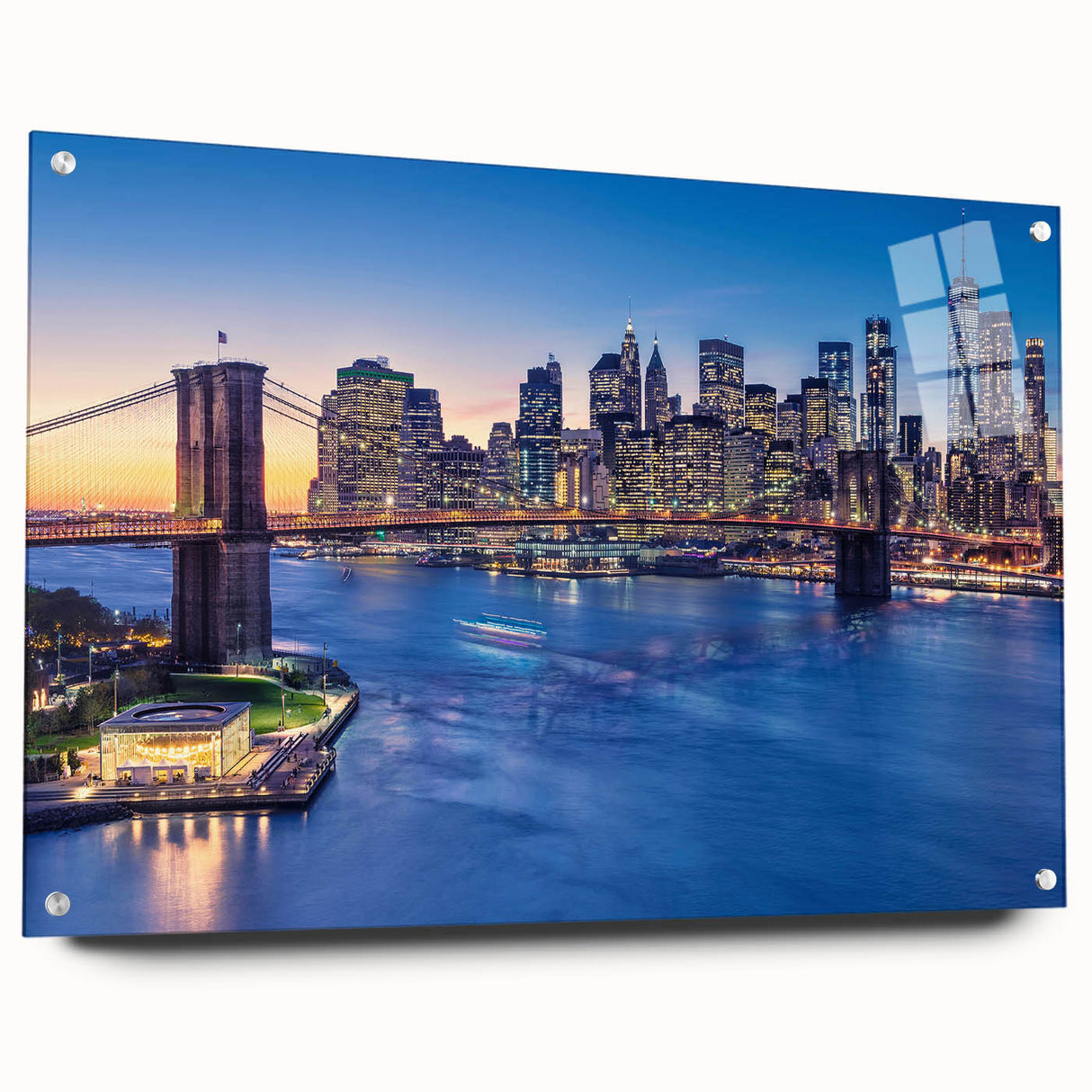 Acrylic print of Manhattan skyline in muted gray tones, suitable for bedroom or dining room decor.