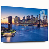 Large abstract wall art depicting the Manhattan skyline in muted gray and blue tones on acrylic glass.