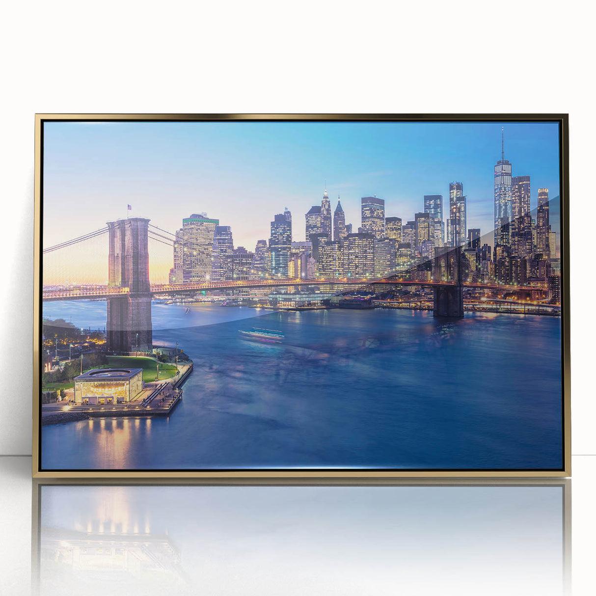 Acrylic print of Manhattan skyline in gold and black tones, framed, reflecting mid-century modernist style.