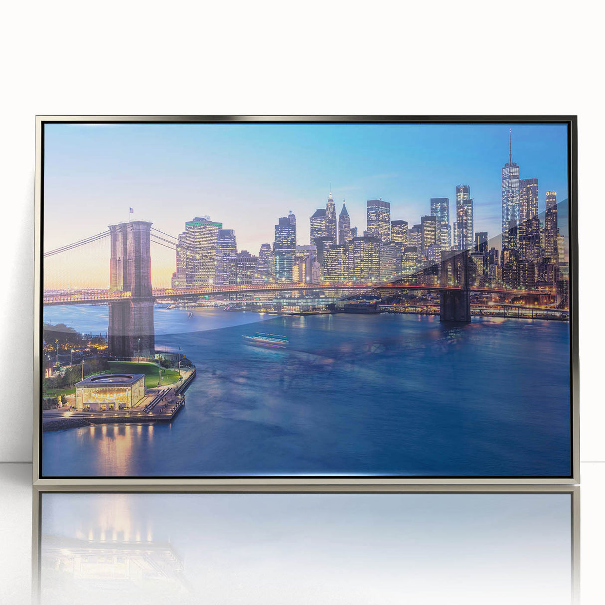 Mid-century modernist art depicting the Manhattan skyline in muted silver tones on a framed acrylic.