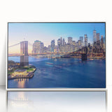 Art deco poster of Manhattan skyline in muted gray tones on framed acrylic, suitable for modern art wall decor.