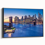 Black and white framed canvas of Manhattan skyline, ideal for bedroom wall art, in a vintage poster style.