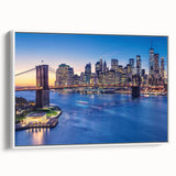 Vintage poster art of Manhattan skyline in colorful hues on extra large framed canvas, ideal for living room decor.