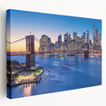 Panoramic view of Manhattan skyline in muted gray and blue tones on large stretched canvas, ideal for kitchen wall art.
