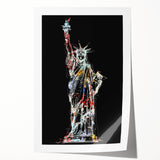 Rolled print of New York City featuring the Statue of Liberty in muted green and blue tones, suited for dining room wall art.