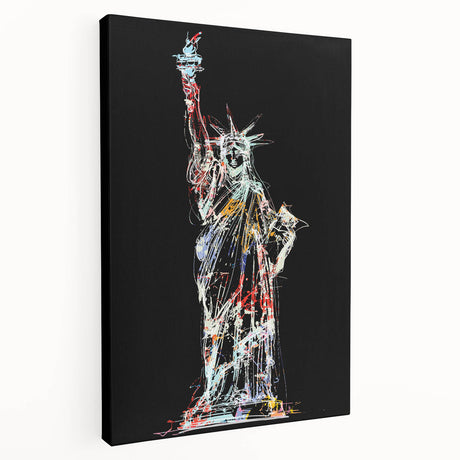 Statue of Liberty with NYC skyline in muted blue tones on a large stretched canvas, suitable for kitchen wall art.