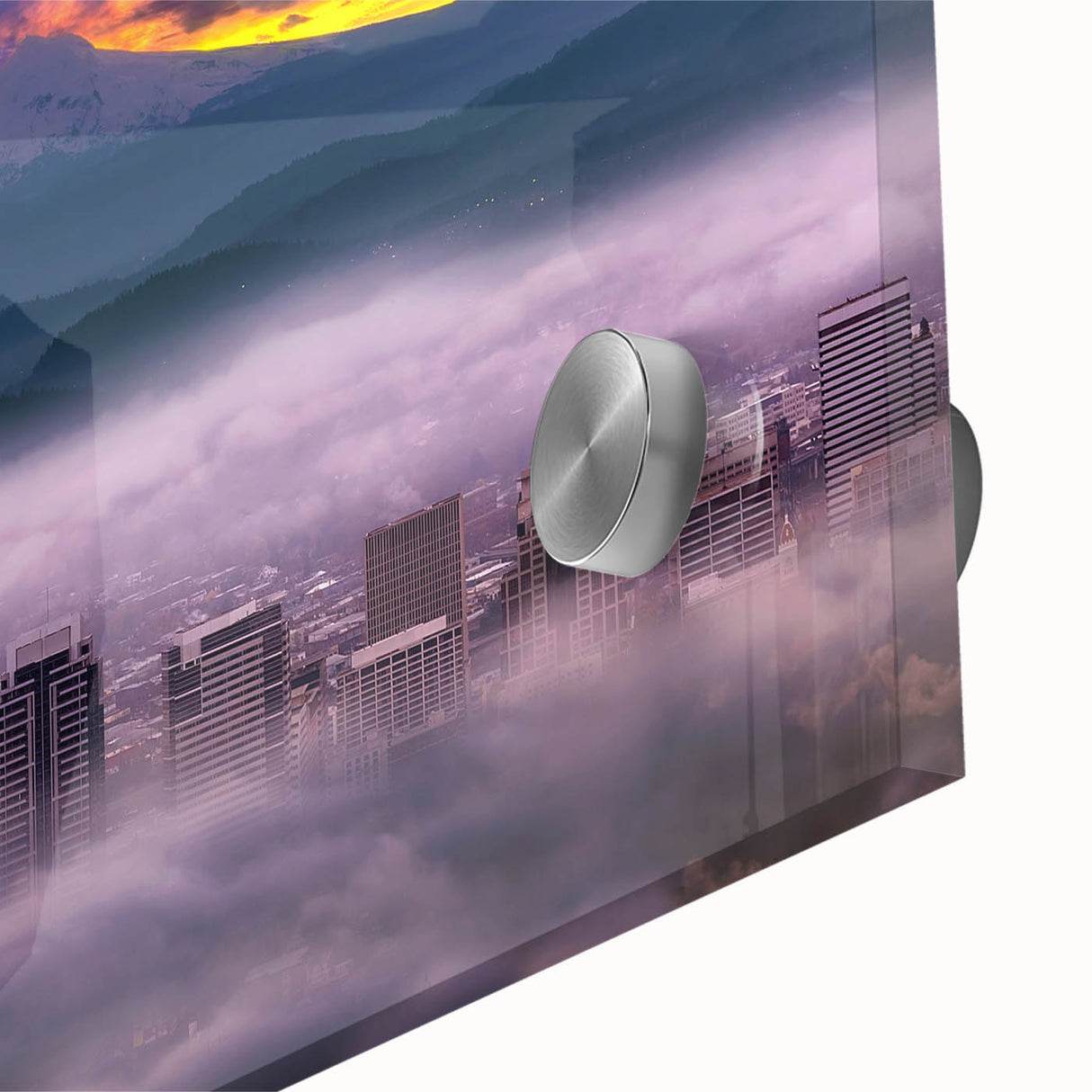 Large abstract wall art depicting Portland, Oregon, in mid-century modernist style on acrylic glass.