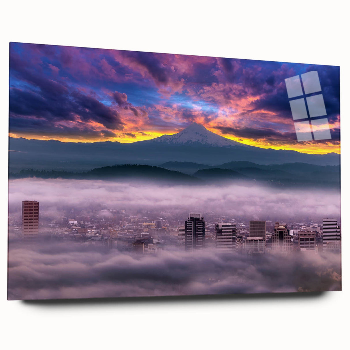 Acrylic print of a large abstract depiction of Portland, Oregon in muted earth tones, ideal for bedroom or dining room art.