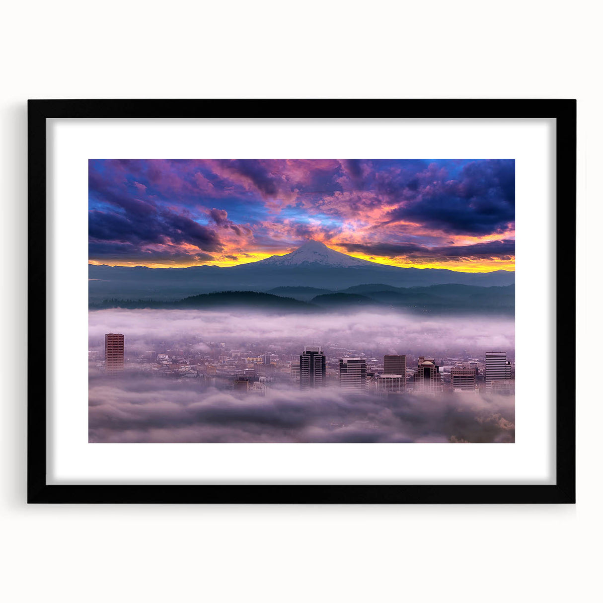 Extra large abstract art print of colorful, textured scenery of Portland, Oregon on a black framed canvas.