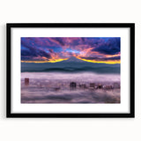 Extra large abstract art print of colorful, textured scenery of Portland, Oregon on a black framed canvas.