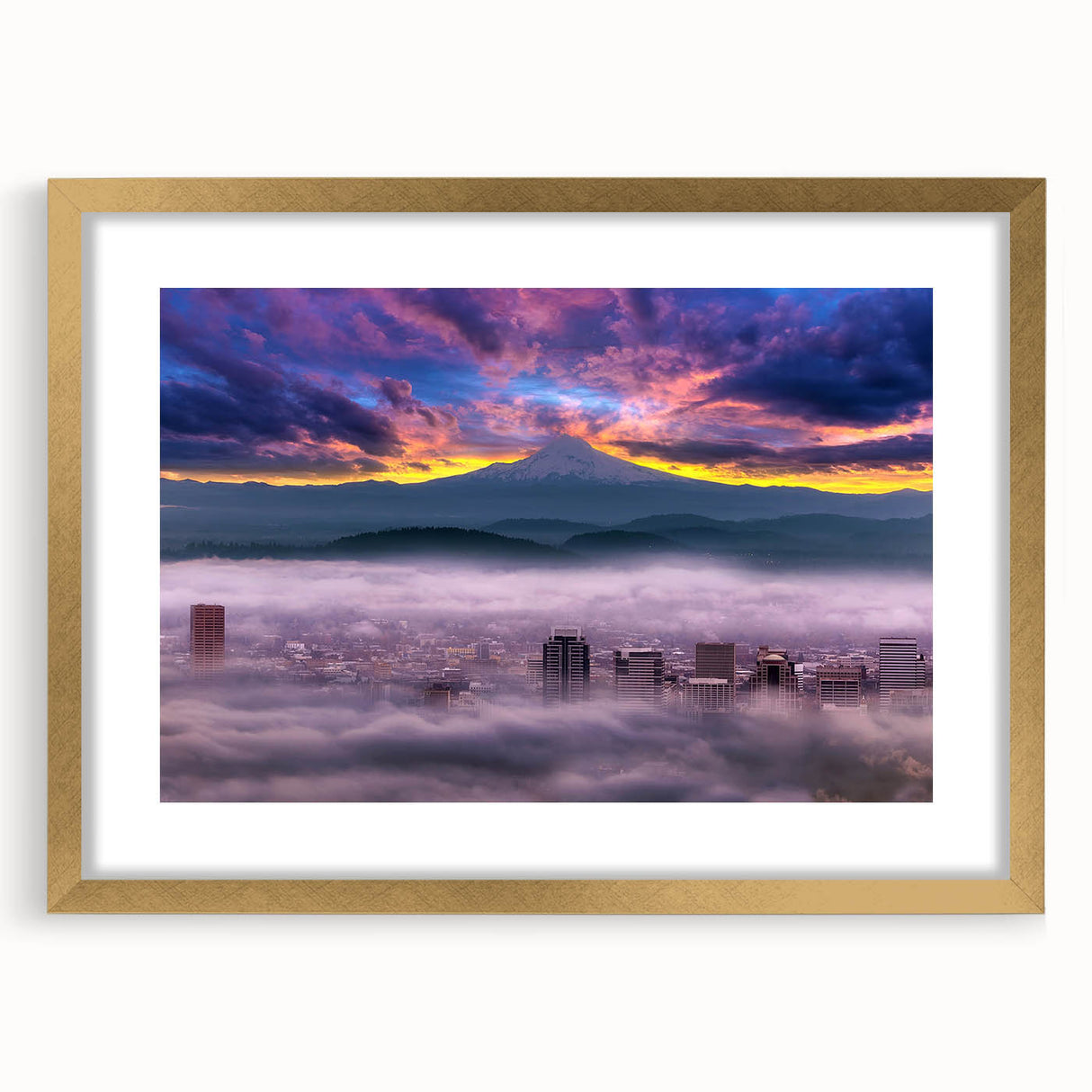Extra large abstract art print of Portland, Oregon, in textured style with gold frame, ideal for living room decor.