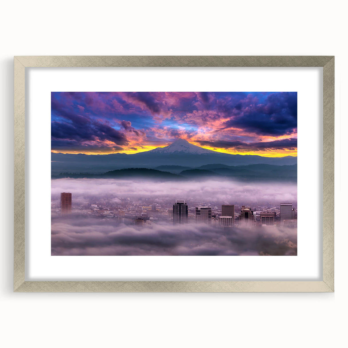 Textured art print of abstract Portland, Oregon scenery in muted earth tones, framed in silver, ideal for bedroom art.