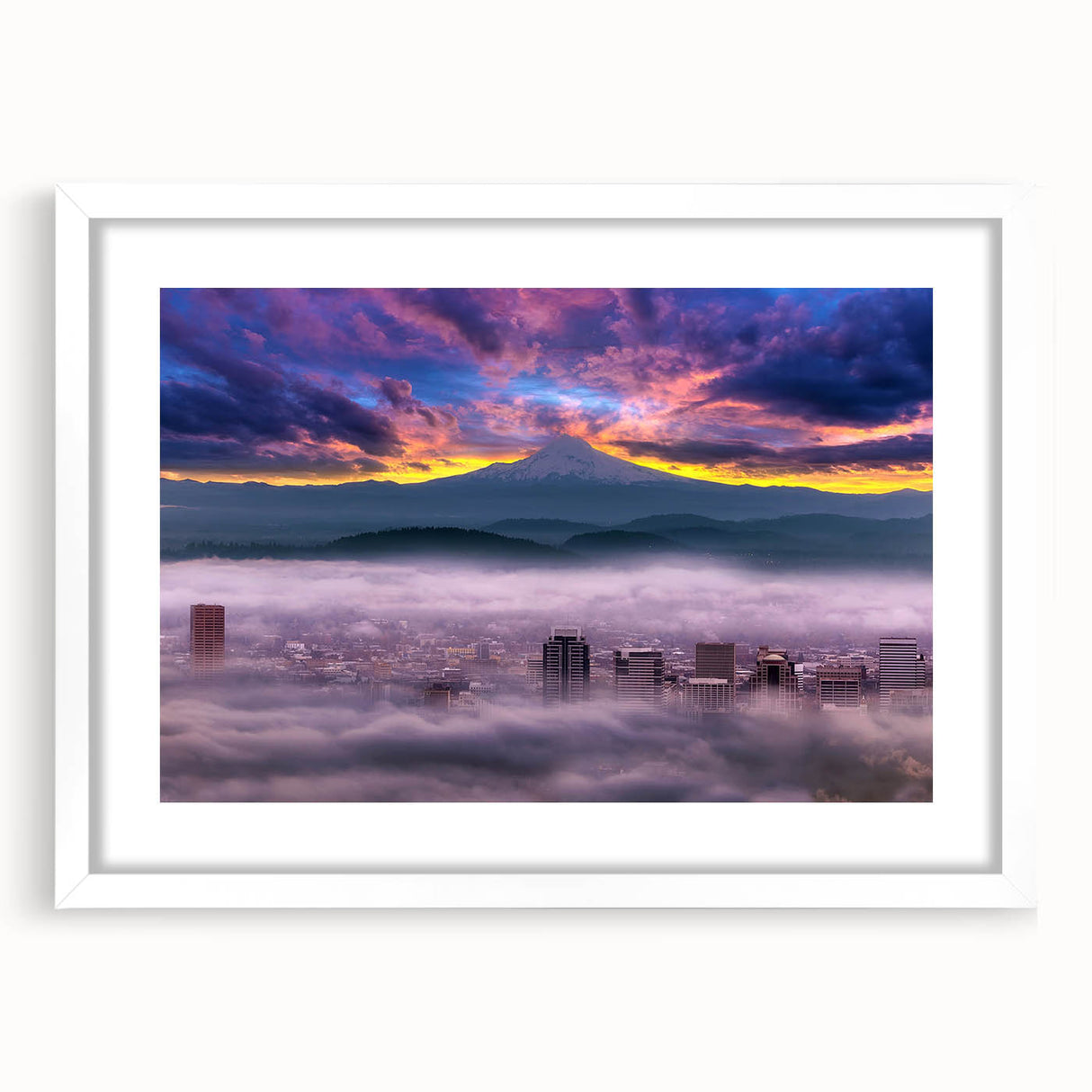Abstract art print of Portland, Oregon skyline in muted gray and blue tones, framed with a white mat.
