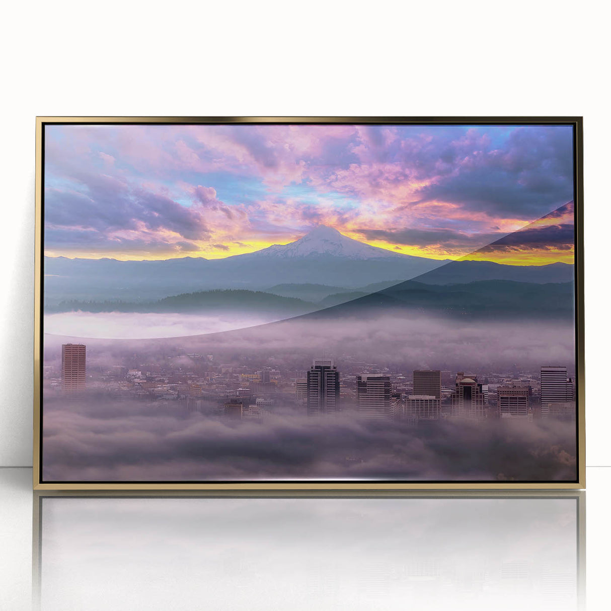 Large art print of Portland, Oregon skyline in muted gold tones on framed acrylic, ideal for nursery wall decor.