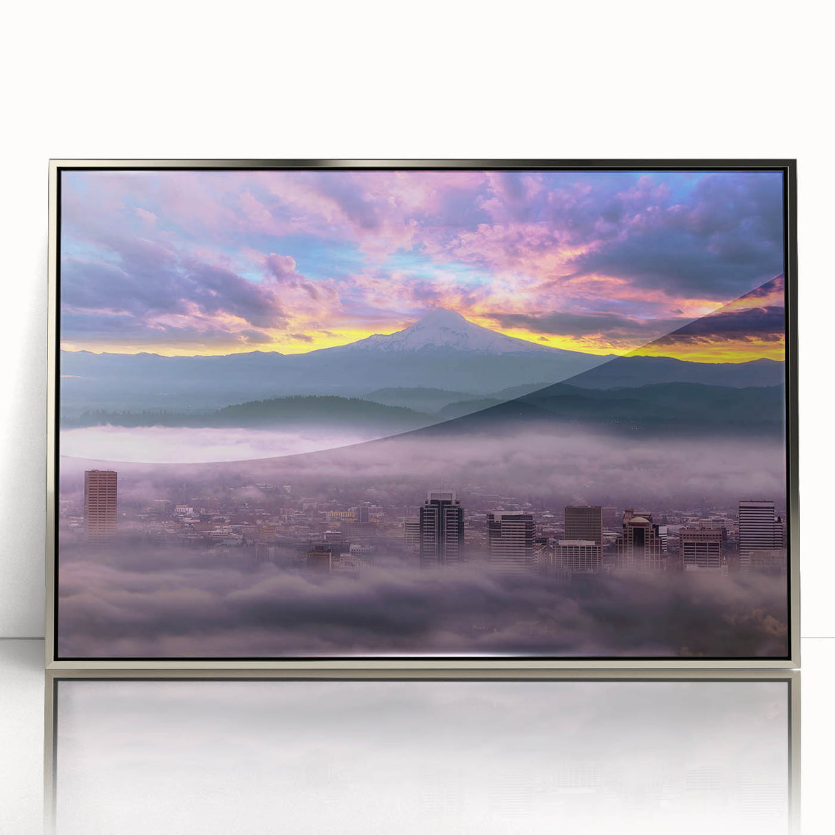 Mid-century modernist art depicting Portland, Oregon skyline in muted colors on a framed acrylic print.