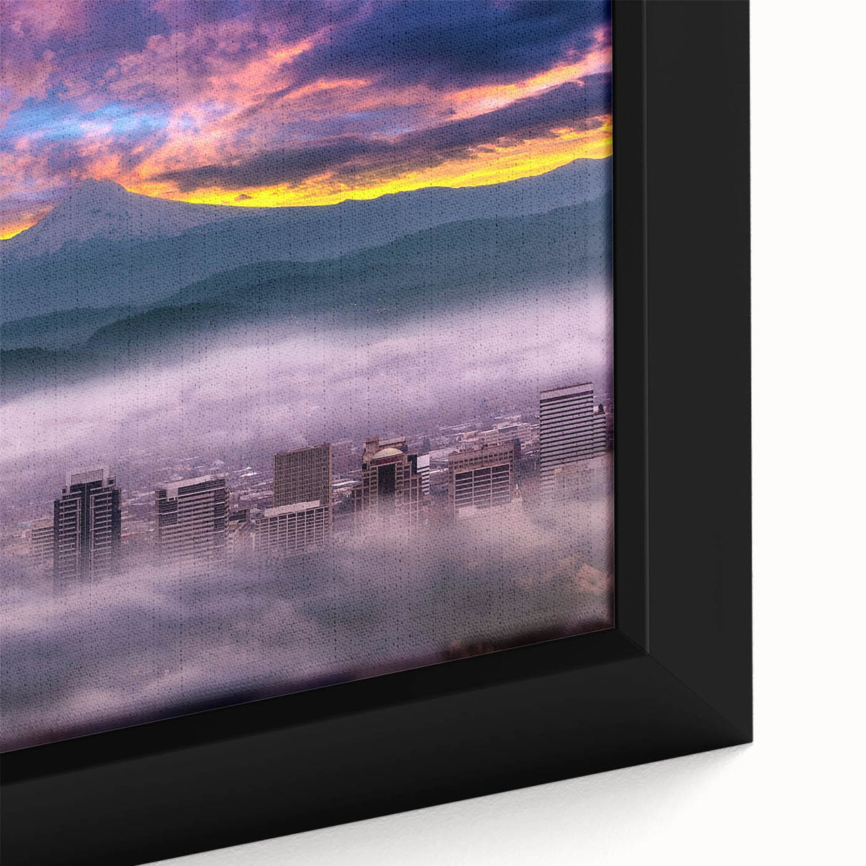 Extra large framed canvas featuring a textured depiction of Portland, Oregon in black with vibrant colorful accents.