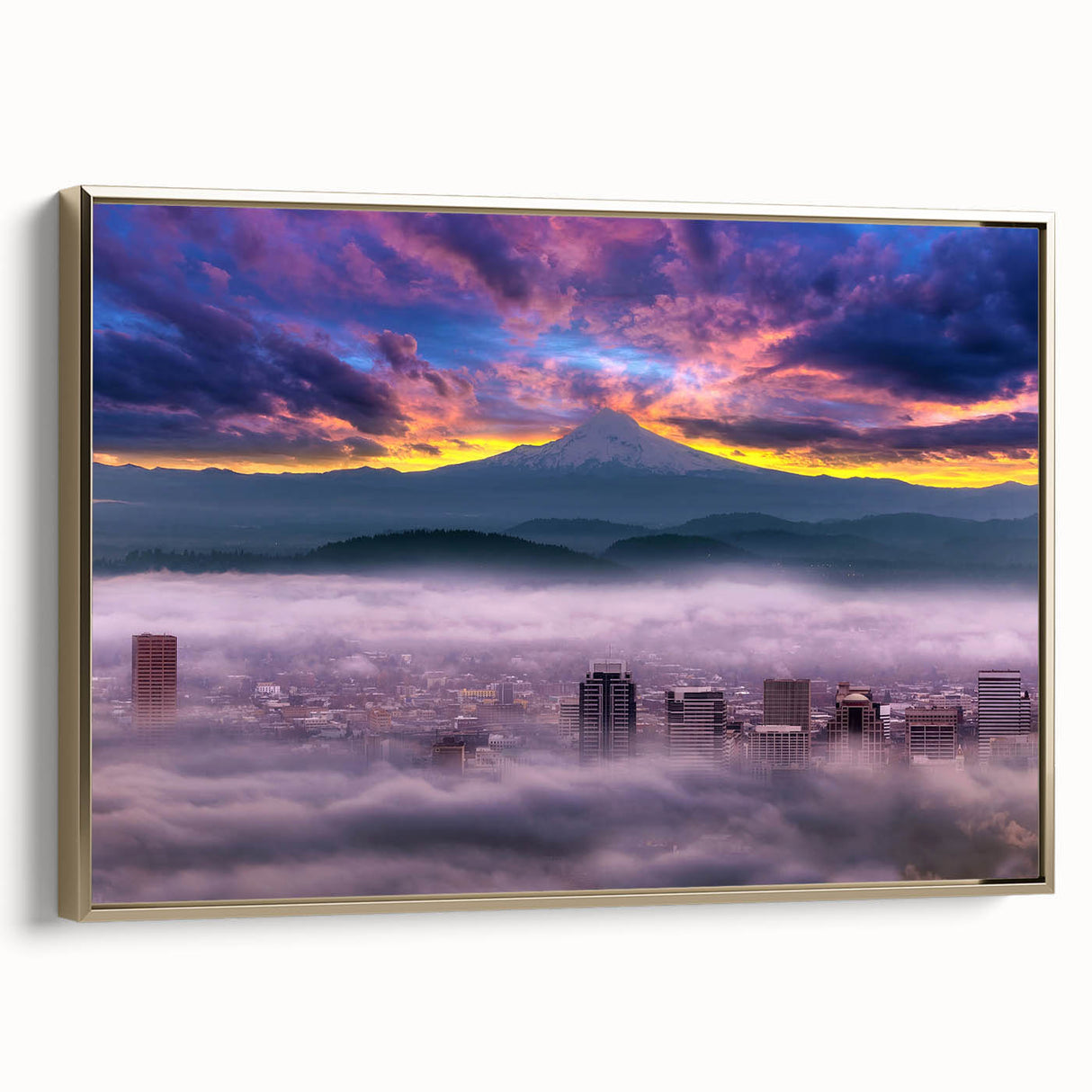 Framed canvas depicting a vintage-style Portland, Oregon landscape in black and gold tones, suitable for bedroom wall art.