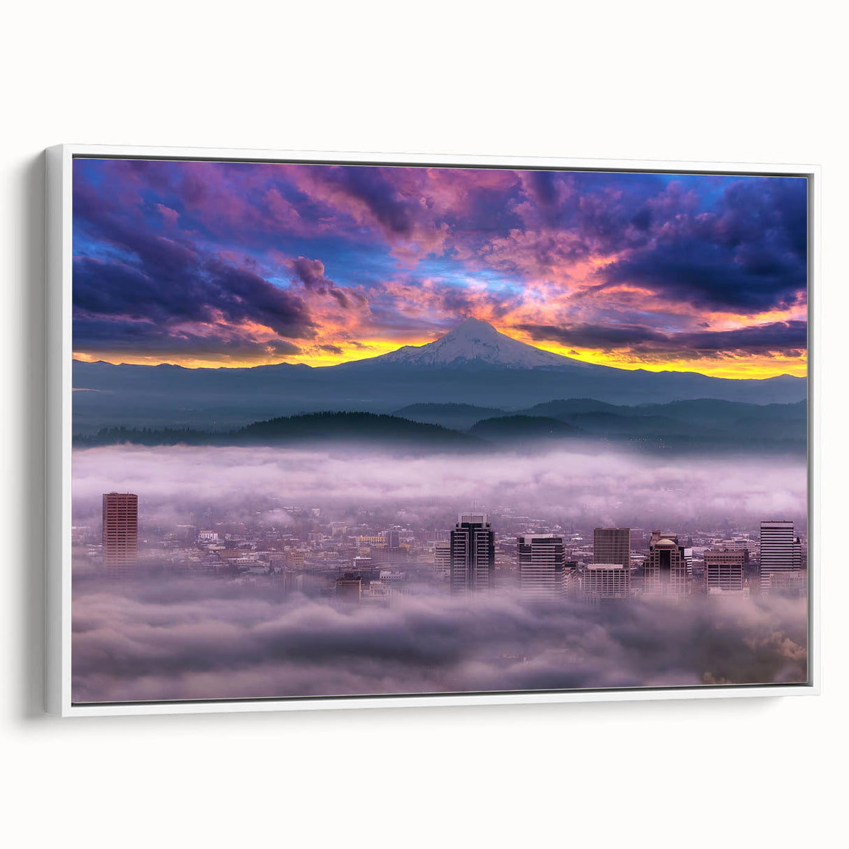 Vintage poster art of Portland, Oregon, featuring colorful abstract elements on a large framed canvas.