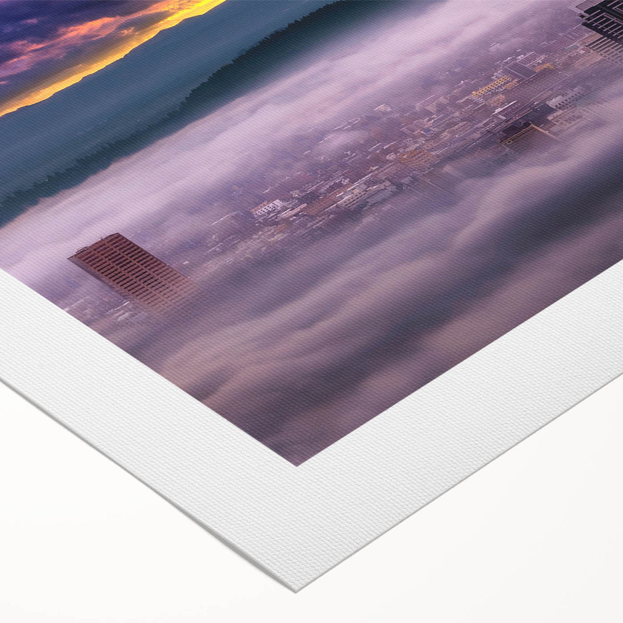 Art deco poster of Portland, Oregon skyline in muted gray and blue tones on rolled canvas, suitable for dining room wall art.