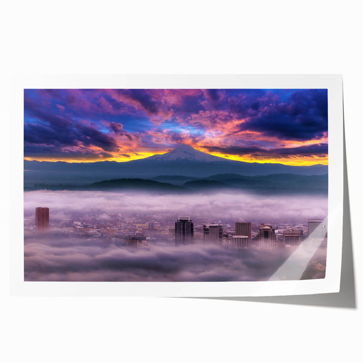 Extra large rolled print of Portland, Oregon scenery with vibrant green and blue tones, ideal for art wall dining room.