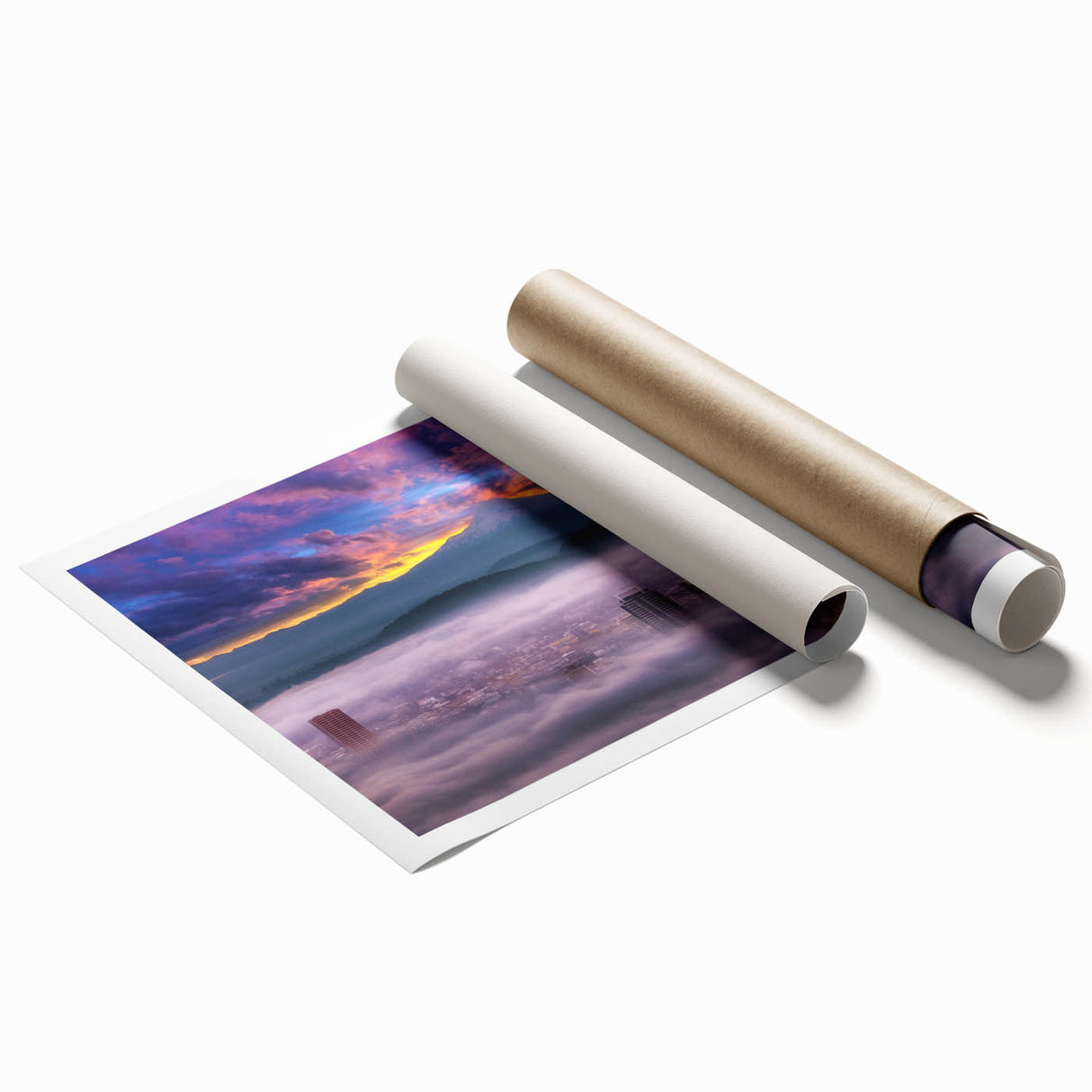 Extra large rolled print of Portland, Oregon scenery with vibrant floral elements, ideal for classy bathroom wall art.
