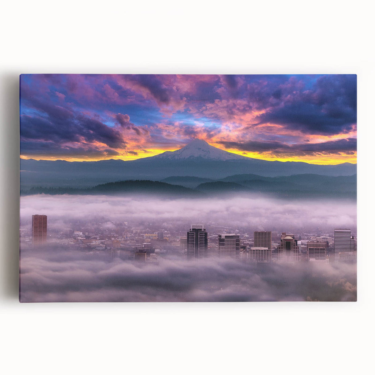 Black and white stretched canvas of Portland, Oregon skyline, ideal for kitchen wall art.