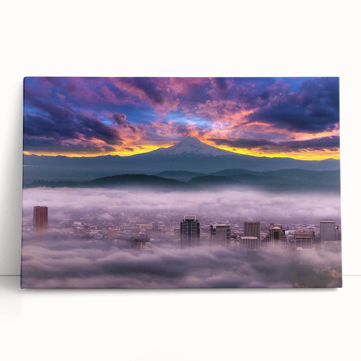 Black and white stretched canvas depicting Portland, Oregon scenery, ideal for kitchen wall art or bedroom ambiance.