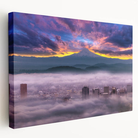Large art print of Portland, Oregon skyline in muted green and blue tones on stretched canvas, suitable for kitchen wall art.