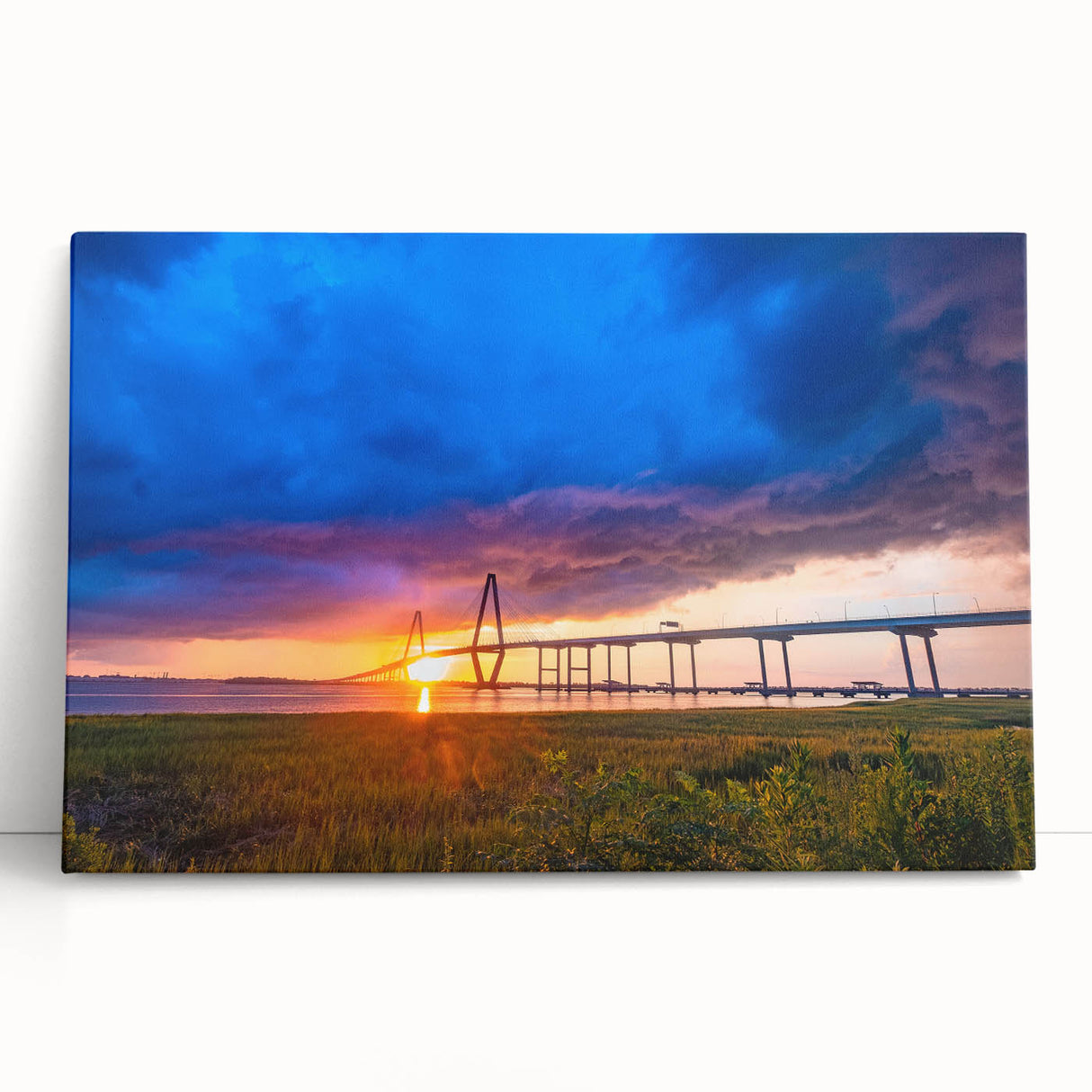 Black and white stretched canvas featuring a panoramic Charleston, South Carolina skyline, ideal for kitchen wall art.