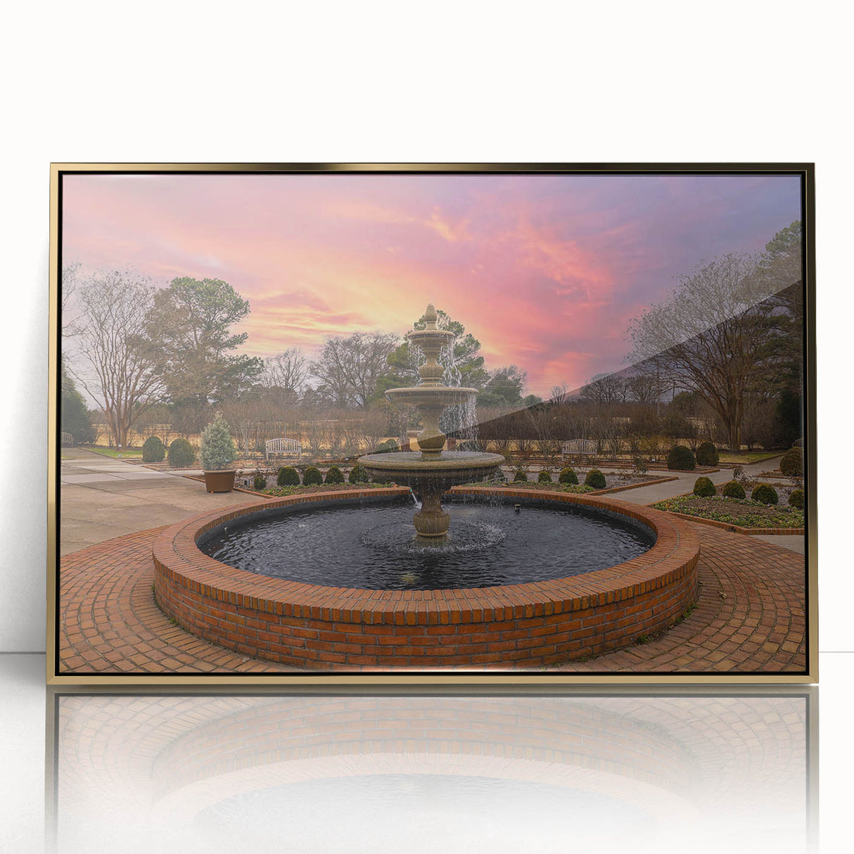 Mid-century modernist art of Memphis, Tennessee skyline in gold and blue tones on framed acrylic.