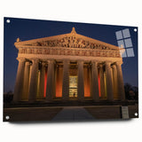 Acrylic print of Nashville skyline in muted nighttime colors, ideal for dining room decor.