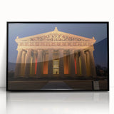 Large abstract wall art of Nashville skyline in muted gray and blue tones on a framed acrylic.