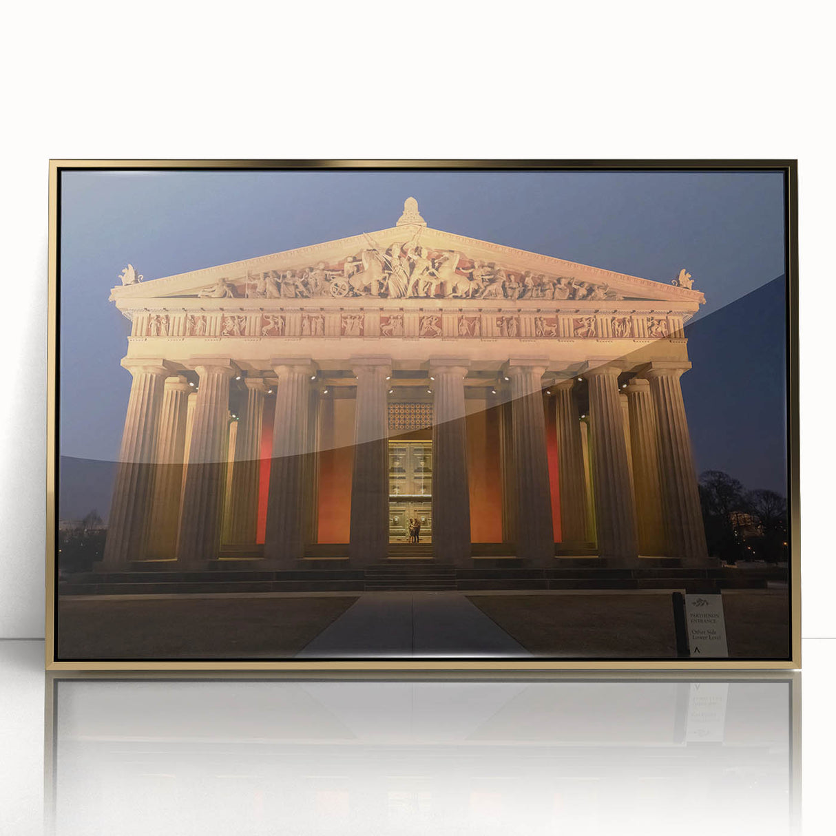 Framed acrylic print of Nashville skyline with muted gold and blue tones, ideal for modern art wall decor.