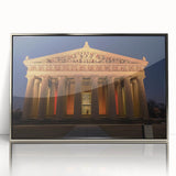 Mid-century modernist art depicting the Nashville skyline in muted gray and blue tones on a framed acrylic print.