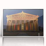 Acrylic print of Nashville skyline, in muted gray and white tones, framed in white, ideal for modern art wall decor.