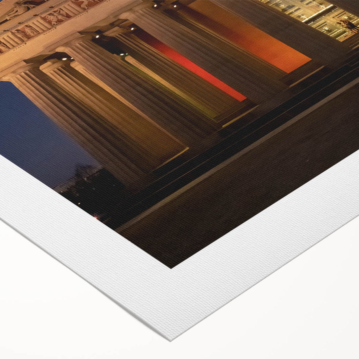 Art deco poster of Nashville skyline in muted blue tones on rolled canvas, suitable for dining room wall art.