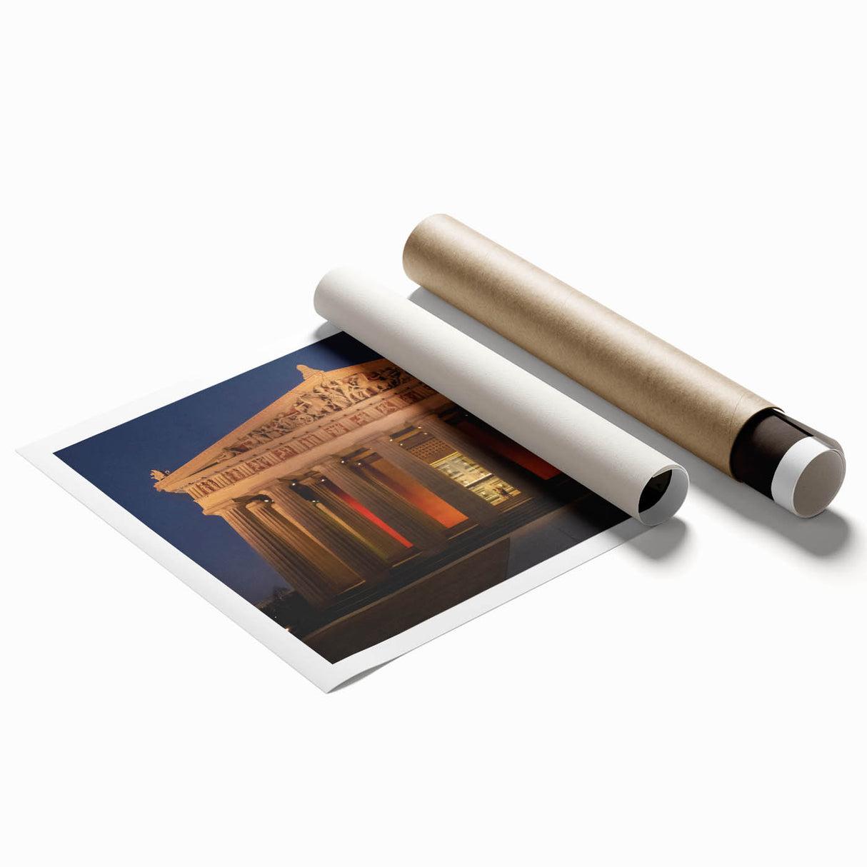 Extra large rolled print of Nashville skyline in muted gray and blue tones.