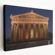 Large art print of Nashville skyline in muted blue tones on stretched canvas, ideal for kitchen wall art.